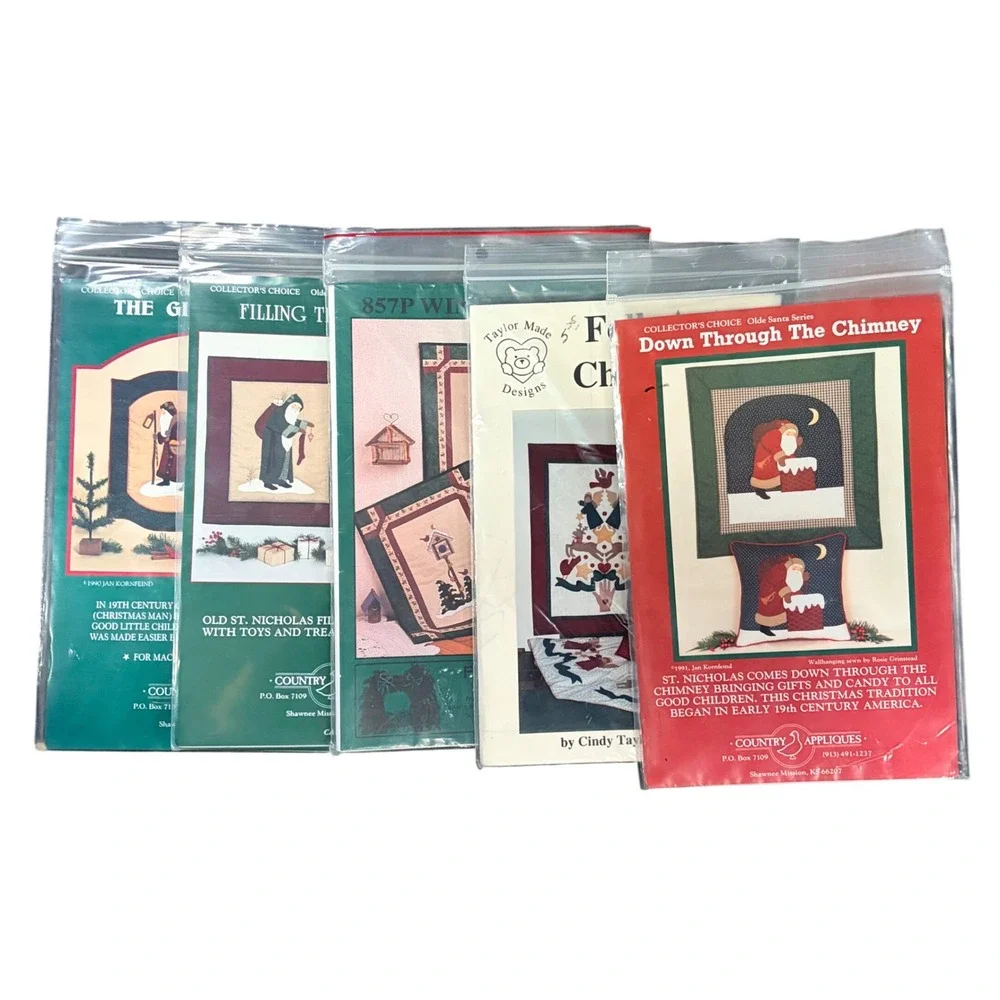 Vintage Christmas Quilt Applique Pattern 5 Lot Country Appliques Folk Art Santa